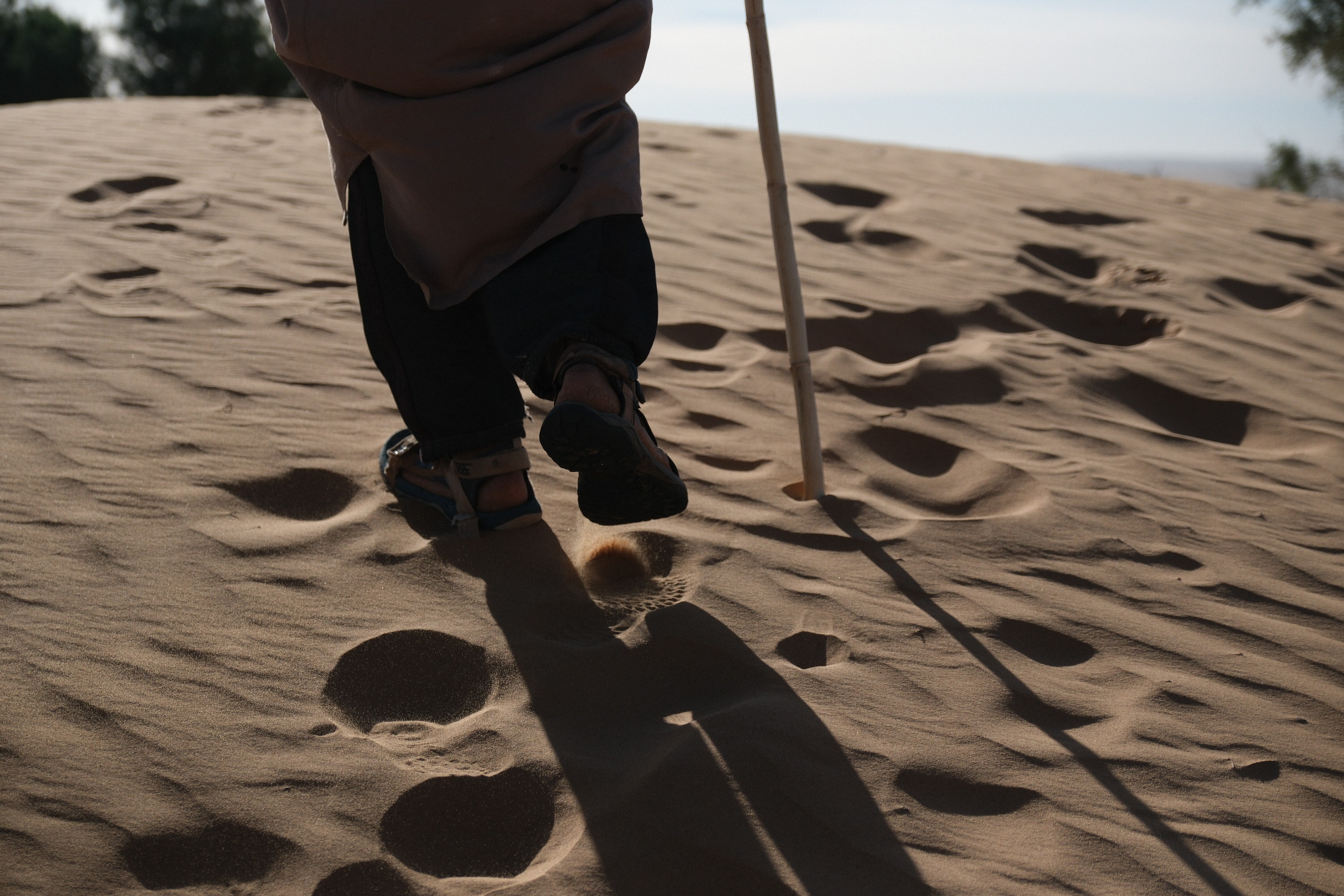 Feet walking across desert sand with a walking stick