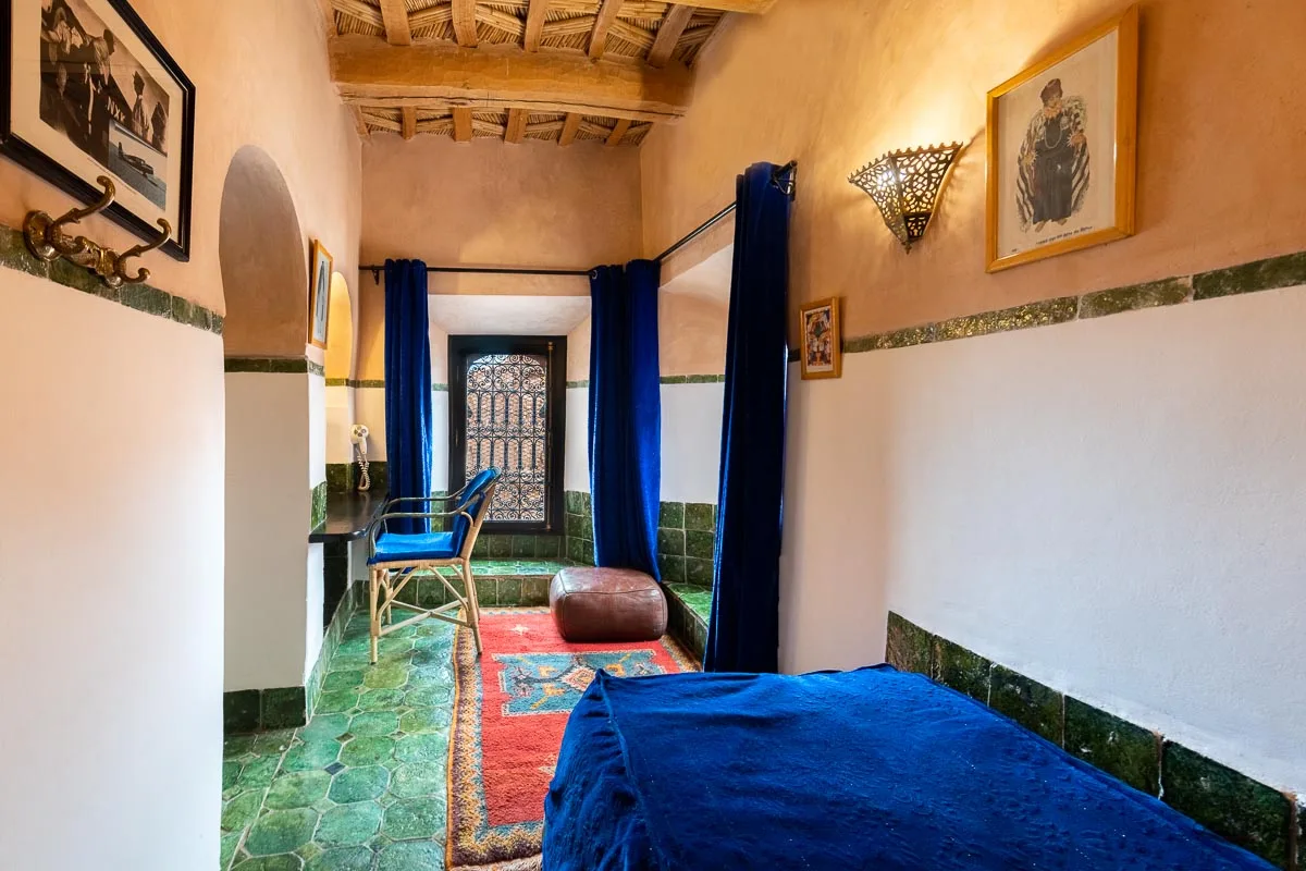 Traditional guest room with carved wood details