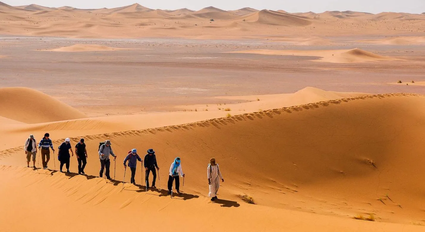 Zen Sand group walking single file across a dune